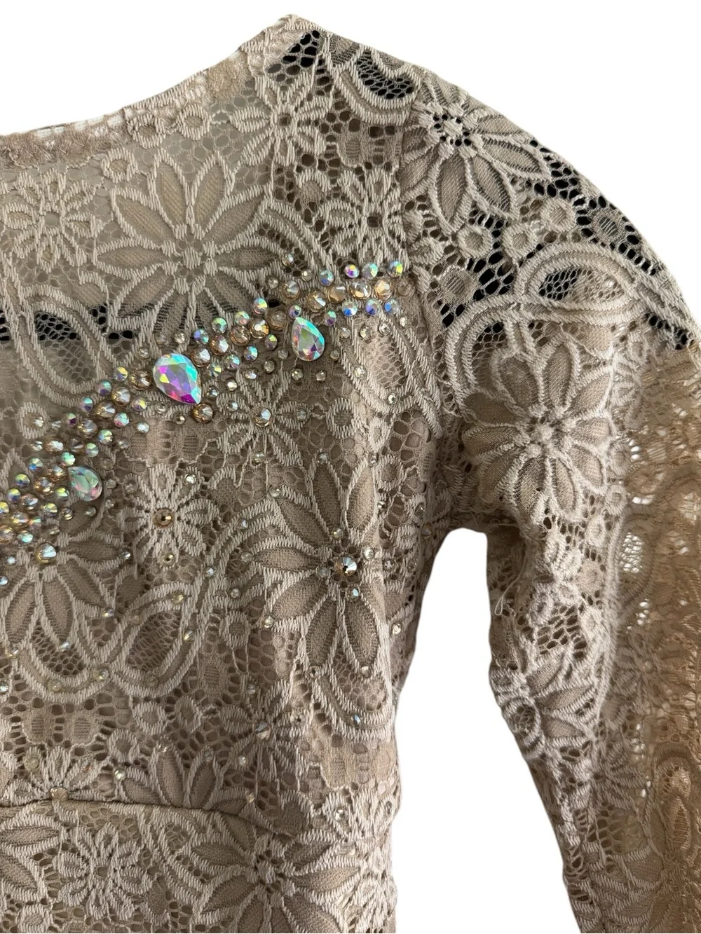 Custom Nude Lace Long-Sleeve Dance Dress with Rhinestone Accents